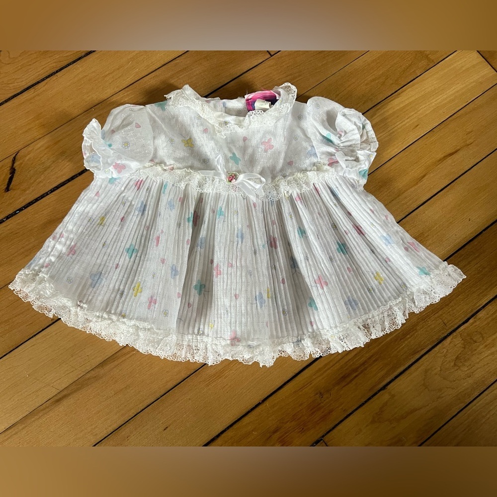 Vintage Roanna 80s colorful floral print lace‎ trim infant dress